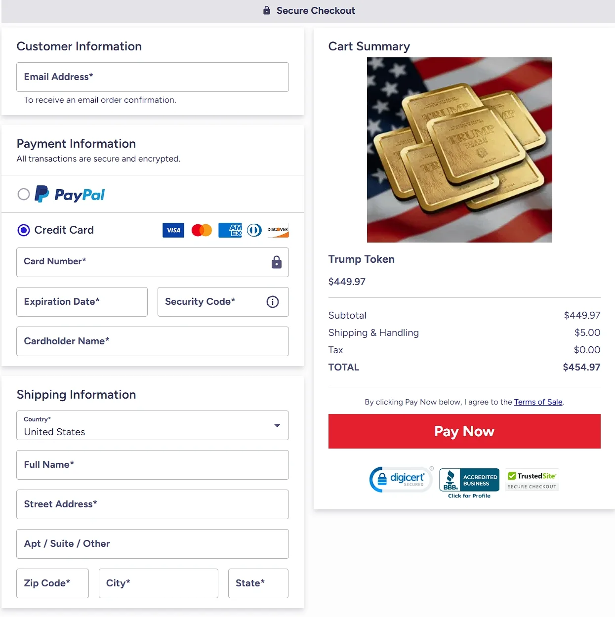 Trump Token of Realization Official Checkout Order Form USA